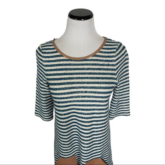 Anthropologie Women’s Tunic S Beige Blue Stripe Short Sleeve Scoop Neck - Picture 2 of 9
